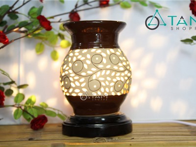 Đèn xông tinh dầu gốm nâu bình bông T0145 [Tặng bóng đèn] DXTDD-GOM-T0145